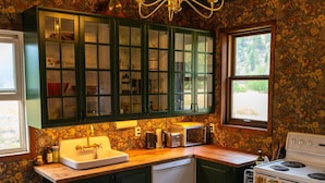 A kitchen with dark green cabinets, a white sink, a chandelier, and a checkered floor. - The Farmhouse at Deadman Acres (Thompson-Nicola)