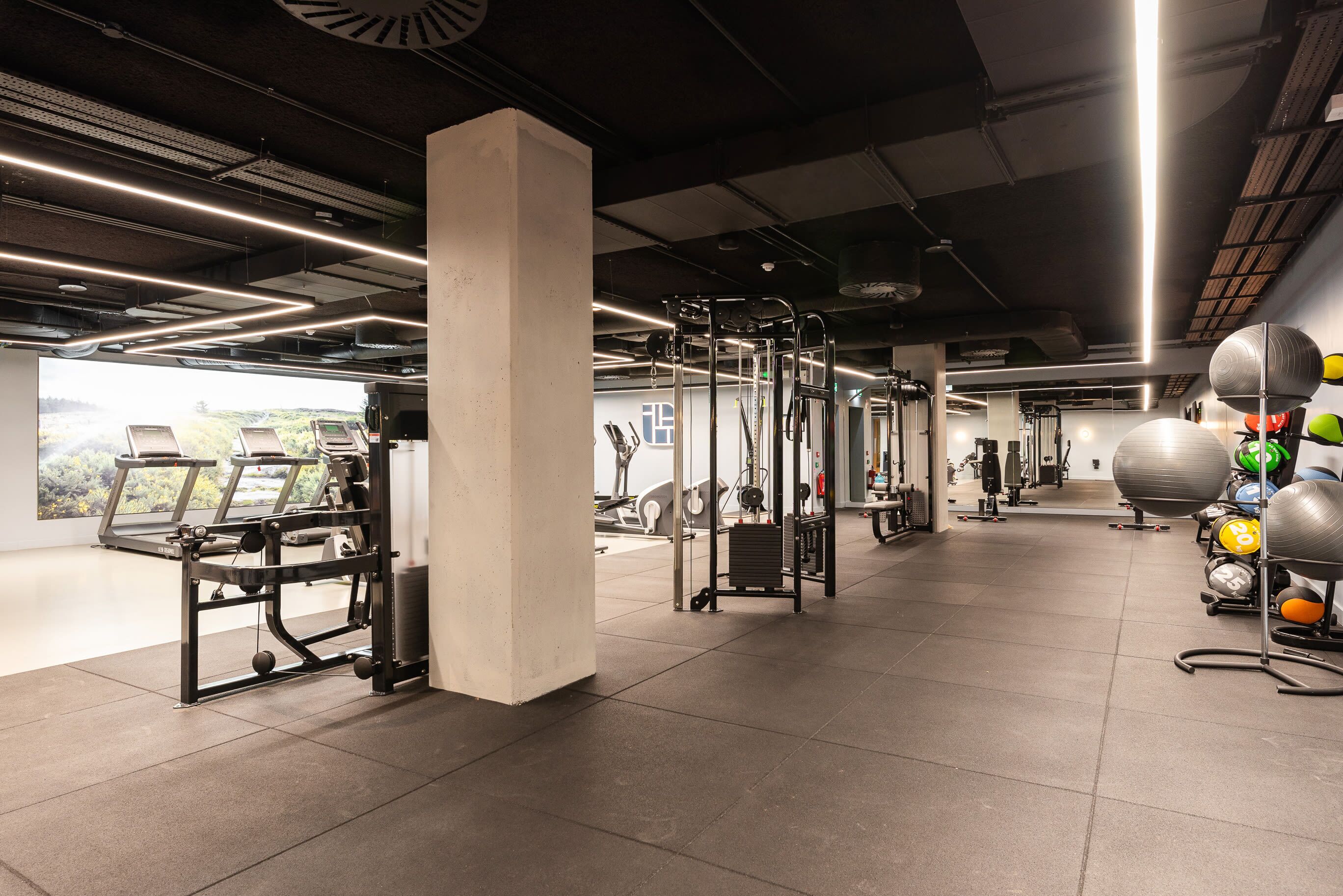 A modern gym with exercise equipment, a large mirror, and a view of greenery outside.