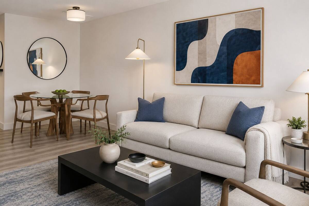 A modern living room with a sofa, coffee table, and dining area.
