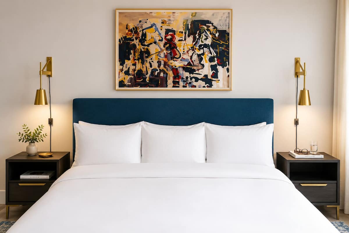 A bed with white linens, a blue headboard, and two bedside tables with lamps.