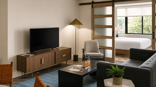 A modern living room with a flat-screen TV, a sofa, a coffee table, a chair, a lamp, and a bed with a view.