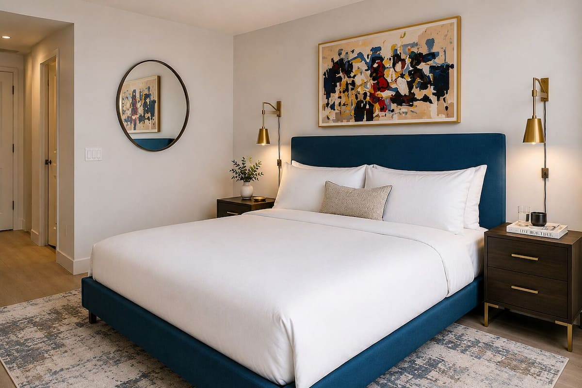 A bedroom with a large bed, bedside tables, a mirror, a painting, and a rug.