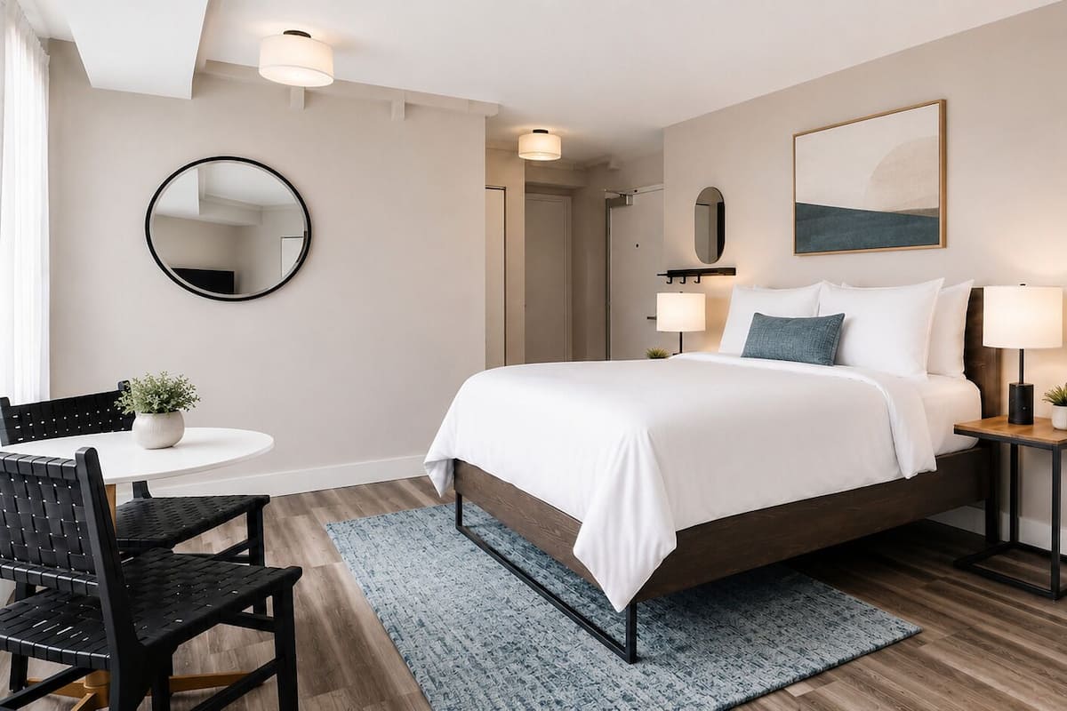 A modern bedroom with a bed, bedside tables, a round mirror, a round table with chairs, and a small potted plant.