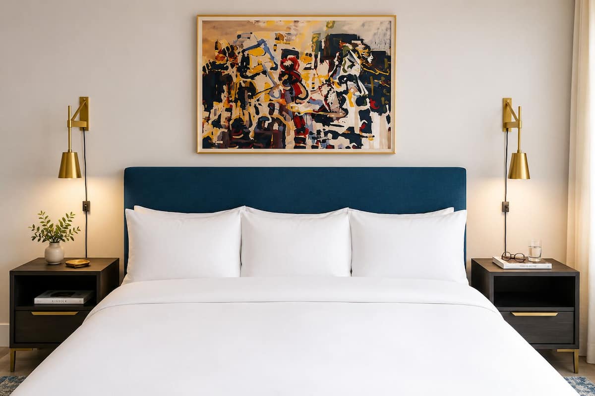 A bed with white linens, a blue headboard, and two bedside tables with lamps.