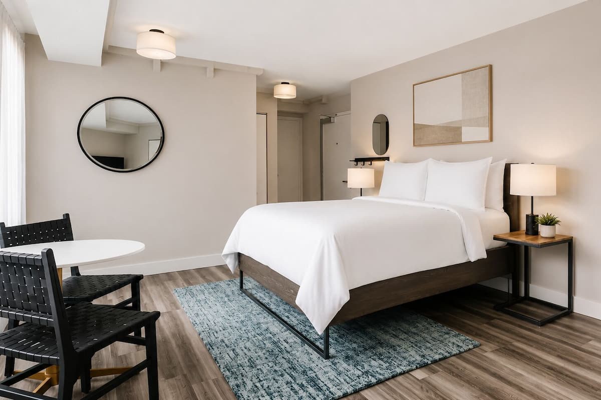 A hotel room with a bed, bedside tables with lamps, a round mirror, a round table with chairs, and a small potted plant.