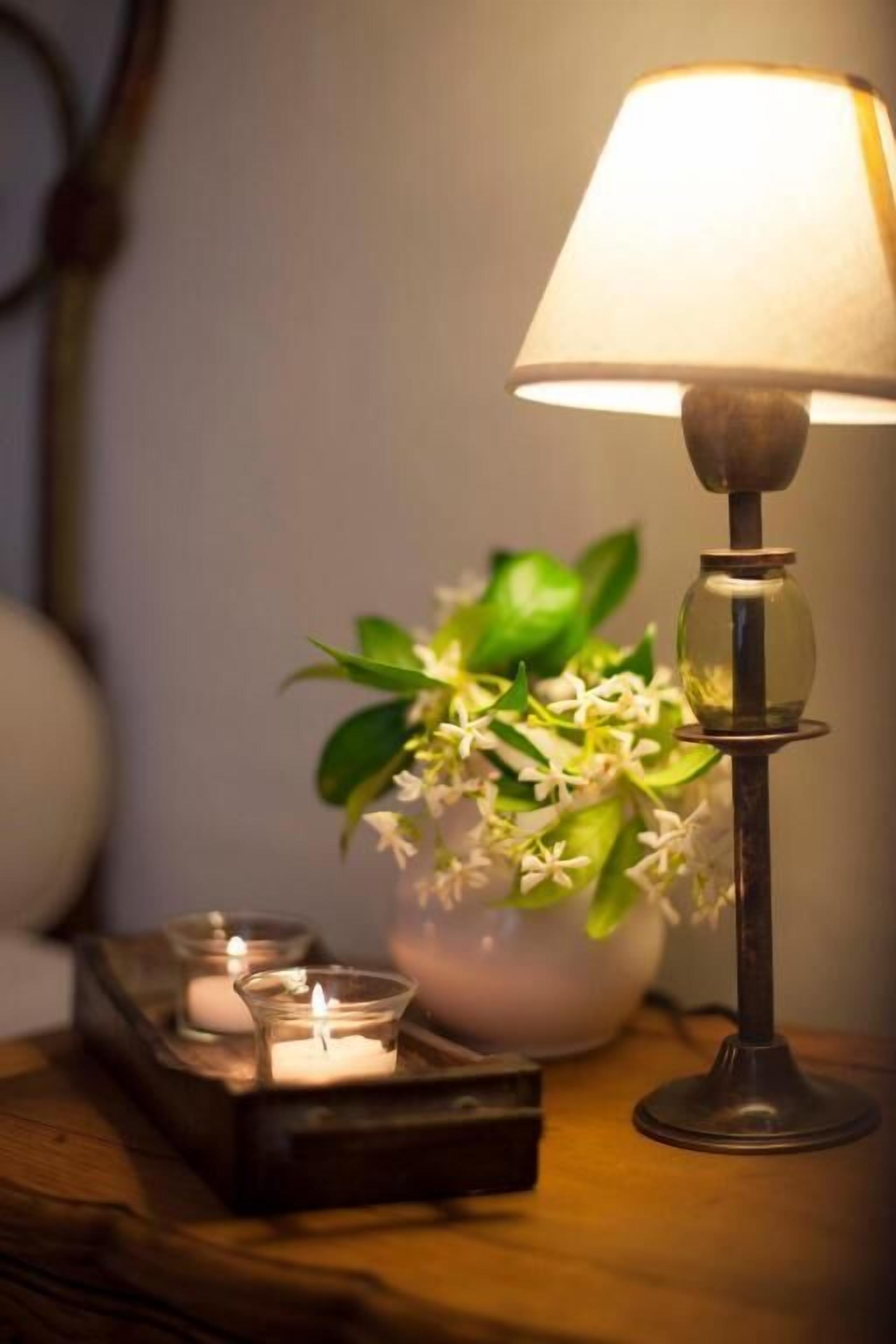 A table with a lamp, candles, and a potted plant.