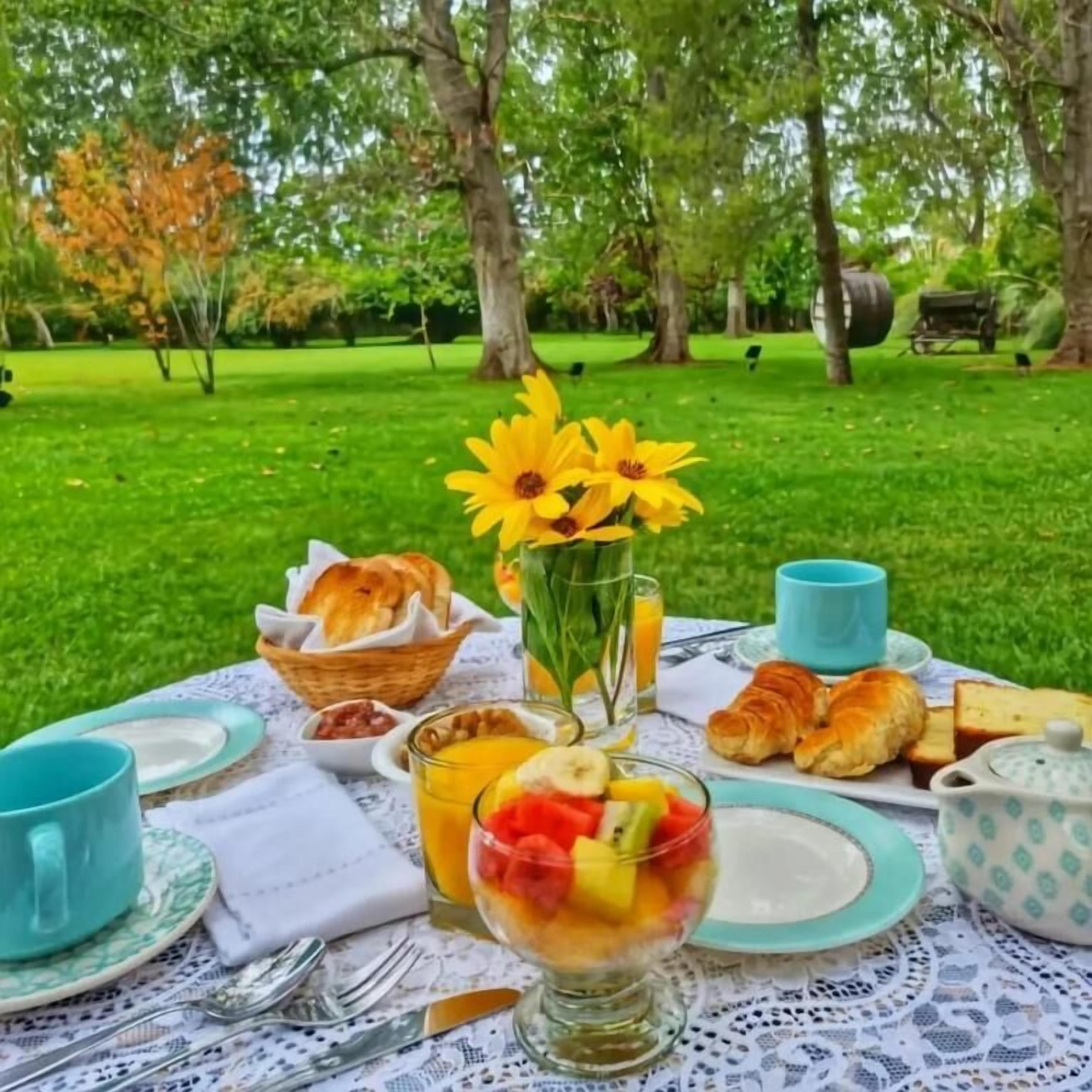 Un coin pique-nique avec de la nourriture et des boissons disposées sur une table, entourée d’arbres.
