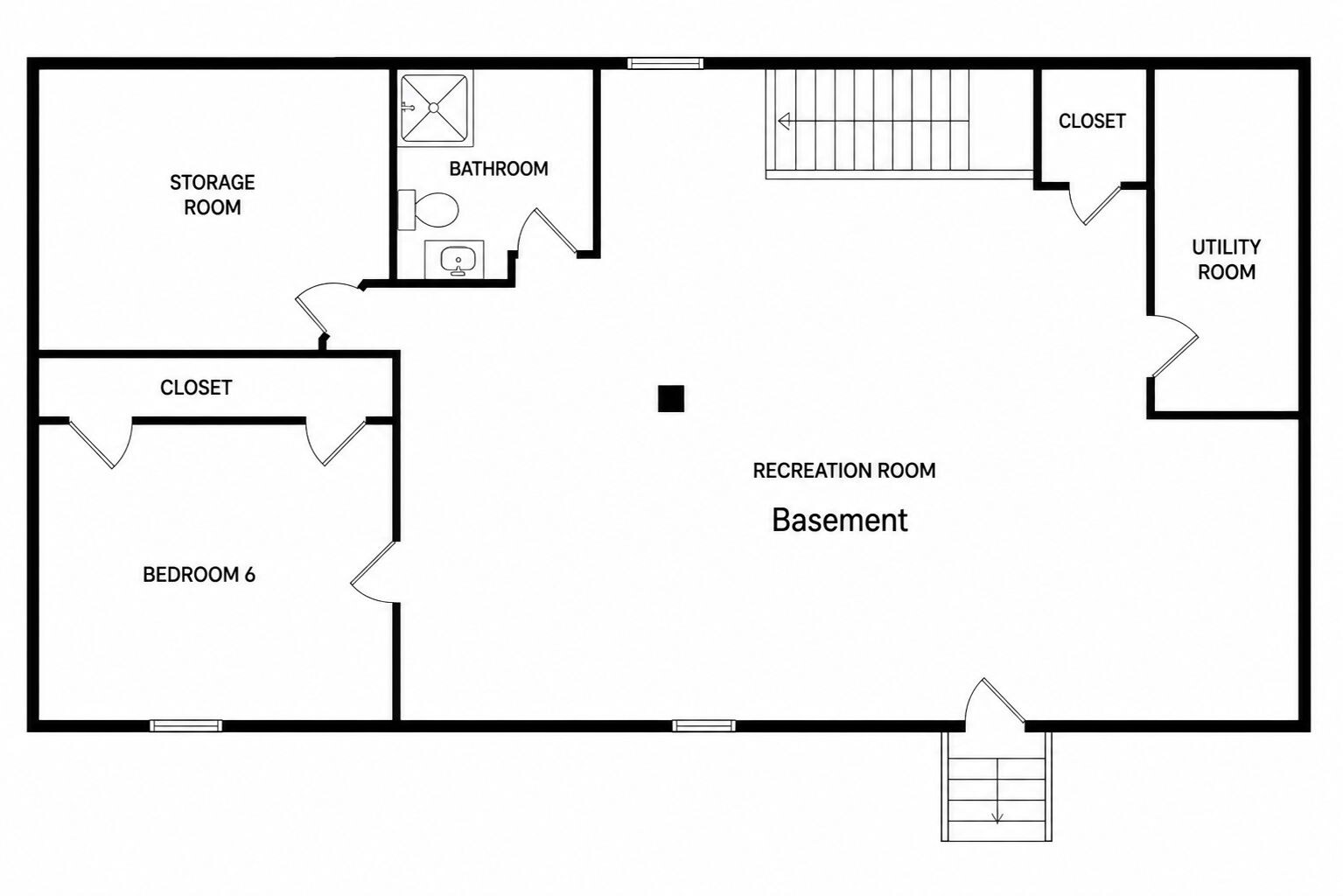 Grundriss eines Kellers mit Spielzimmer, Schlafzimmer 6, Abstellraum, Bad, Garderobe und Technikraum.