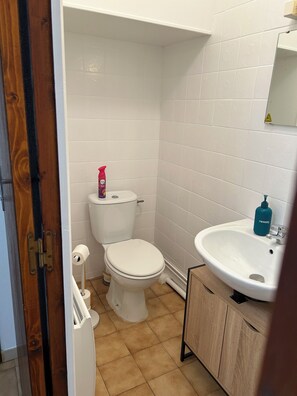 Ein Badezimmer mit Toilette, Waschbecken und Spiegel.