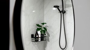 A bathroom with a shower, a plant, and a shelf with toiletries. - Modern, exclusive, fully furnished, self-contained 1x1 studio apartment, (Exmouth)