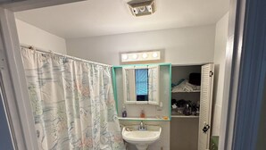 A bathroom with a shower curtain, sink, mirror, and toilet. - Studio efficiency in the heart of downtown Saint Augustine (St. Augustine)
