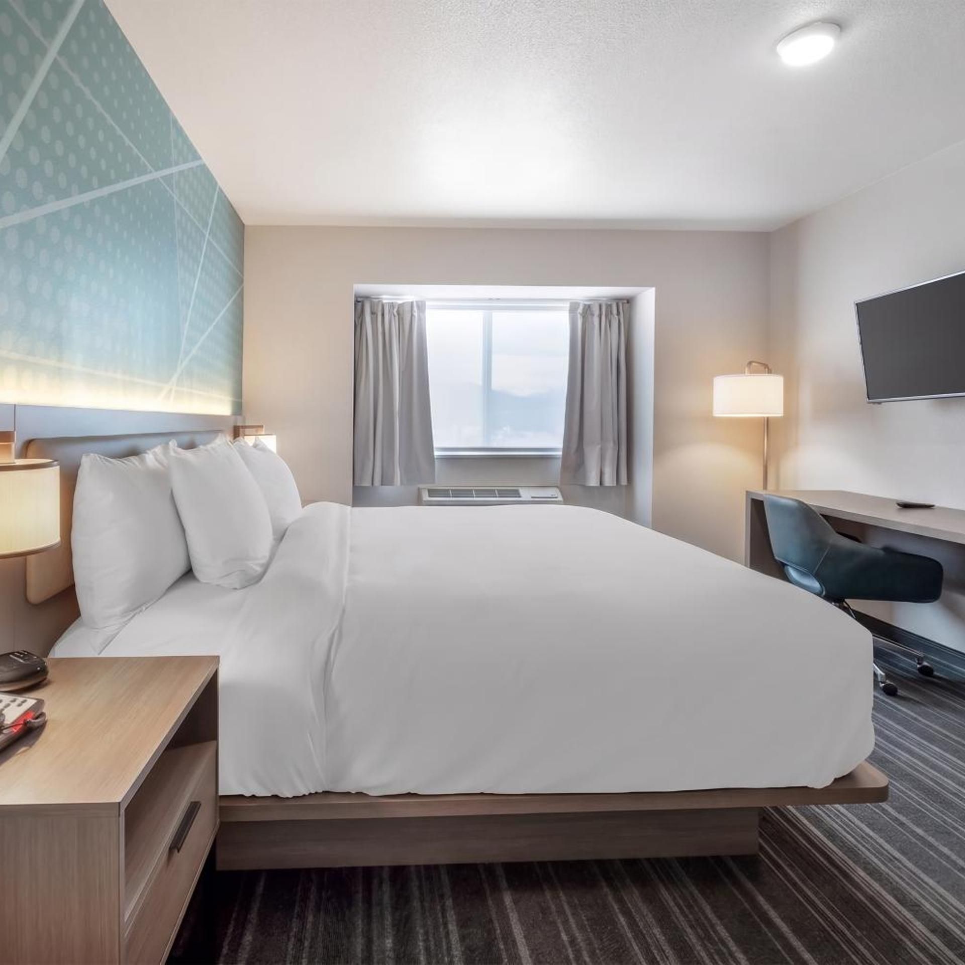 A hotel room with a bed, bedside table, lamp, TV, and a window with curtains.