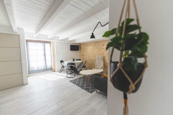 A spacious room with a dining area, a sofa, a hanging plant, and a stone accent wall. - Le Gite du Cèdre - MONTAMISE (MONTAMISE)