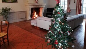 Un salon avec une cheminée, un sapin de Noël, un canapé et un téléviseur.