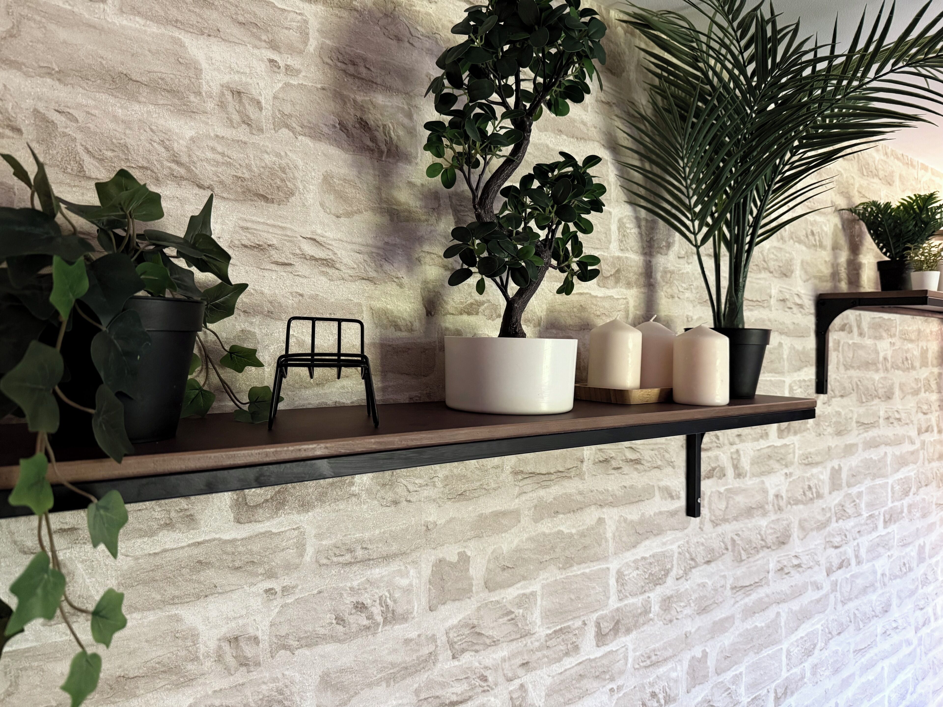 A shelf with potted plants, candles, and a small metal stool against a textured wall.
