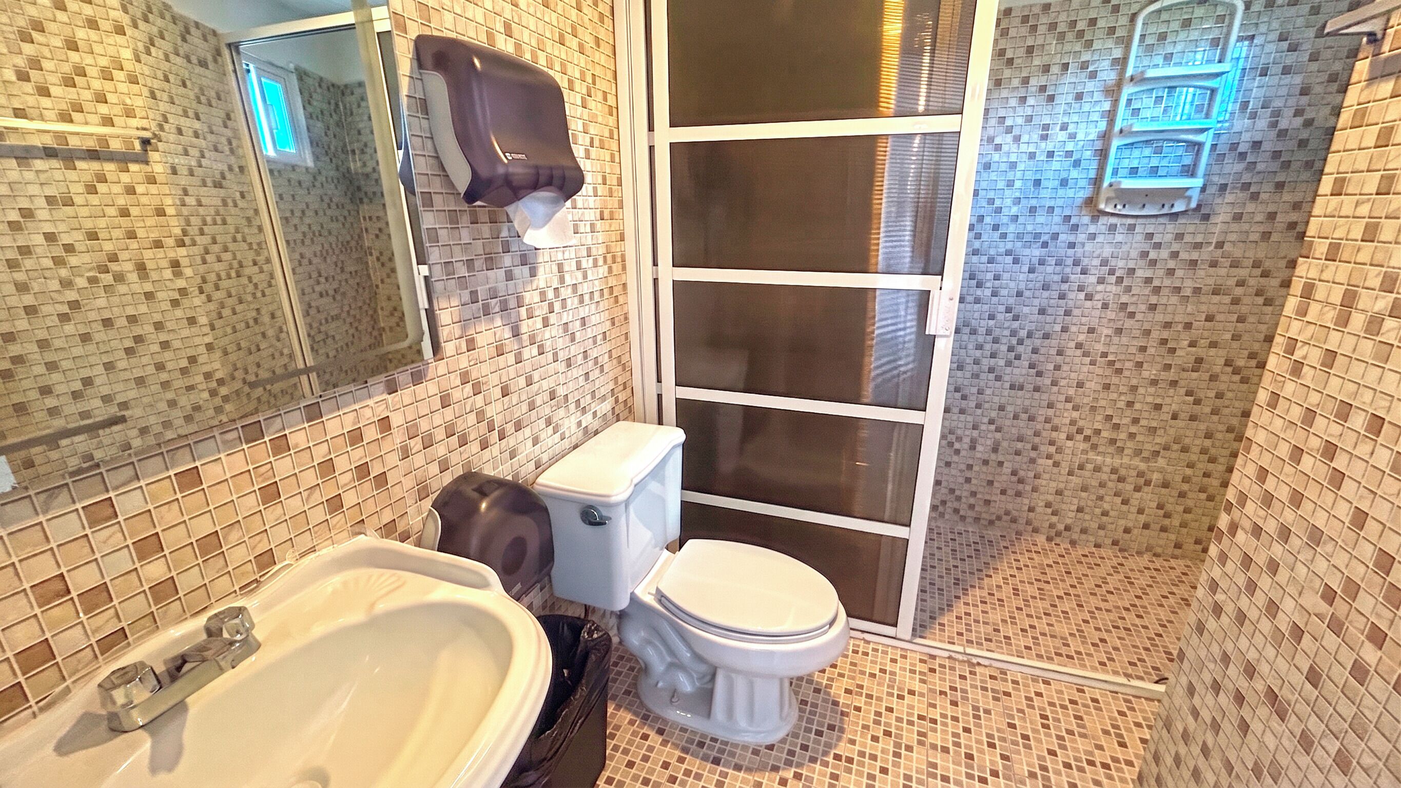 A bathroom with a toilet, sink, and a mirror.