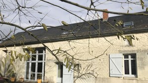 Een gebouw van steen met een schuin dak, witte luiken en een kleine tuin met planten in potten.