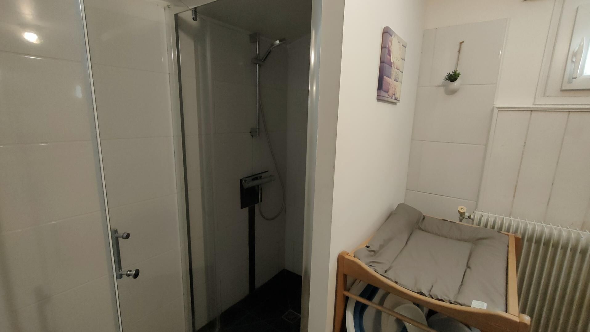 Ein Badezimmer mit Dusche, Toilette und Heizkörper.