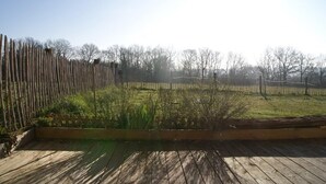 En træterrasse med et metalhegn og en græsplæne.