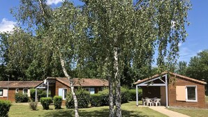 Una hilera de cabañas de madera con porches adosados, rodeadas de céspedes cuidados y árboles.