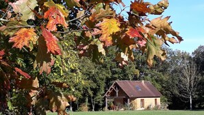 A rustic cabin with a metal roof, surrounded by a grassy field and trees with autumn leaves. - Asia - BUSSIERE (LA) (BUSSIERE (LA))