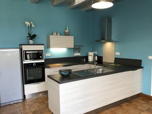 A modern kitchen with a built-in oven, microwave, and a large island with a sink. - La Malinerie - ASLONNES (ASLONNES)