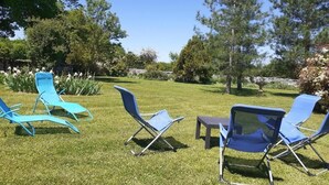 Un espace extérieur verdoyant avec plusieurs chaises longues bleues et une petite table.