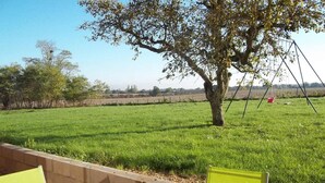 Ein Tisch mit Stühlen in einer grünen Außenanlage, im Hintergrund ein Baum und eine Schaukel.