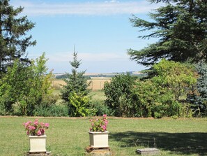 A grassy field with two planters of pink flowers, trees, and a distant view of a field and hills. - La Petite Maison des Tilleuls (THURAGEAU)