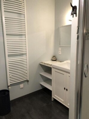A bathroom with a white radiator, a mirror, a sink, and a cabinet. - Le Grand Clos - SAINT-MARTIN-LA-PALLU (SAINT-MARTIN-LA-PALLU)