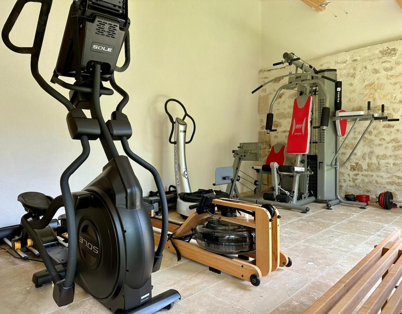 Une salle de sport à domicile équipée d’un vélo d’exercice, d’un rameur et d’un banc de musculation.