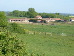 Ein ländliches Gehöft mit mehreren Scheunen und Stallgebäuden, umgeben von üppigen grünen Feldern und Bäumen.
