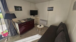 A compact room with a sofa, a small table, a TV, a desk with drawers, and a radiator. - Spotted Woodpecker - SAULGE (SAULGE)