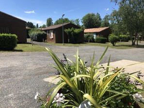A residential area with houses, a gravel driveway, and a well-maintained lawn. - Chalet N° 1 - SAINT SECONDIN (SAINT SECONDIN)