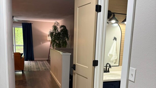 Käytävän lattia on puuta, siellä on ovi, joka johtaa kylpyhuoneeseen, yksi huonekasvi ja näkymä ikkunaan, jossa on verhot.