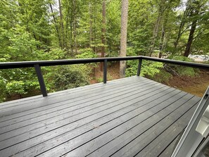 A wooden deck with a black railing overlooking a forested area. - Hot Springs Village Renovated Townhome Retreat (Hot Springs Village)