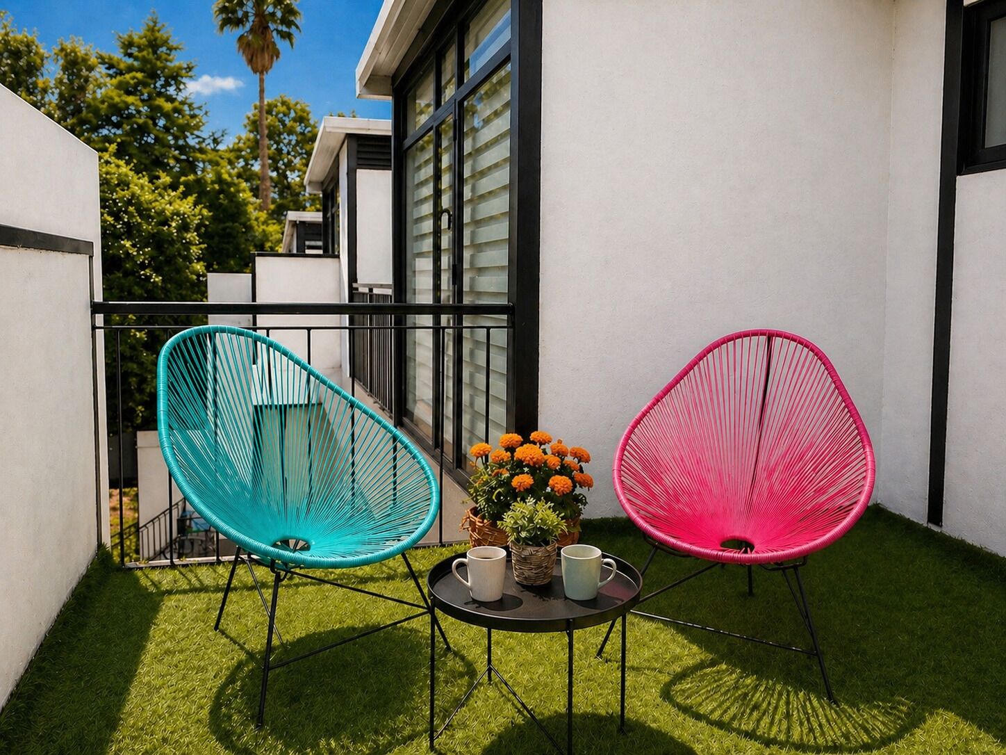 Een modern buitenzitgedeelte met twee stoelen en een kleine tafel, omgeven door een wit gebouw en groen.