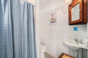 Ein Badezimmer mit Duschvorhang, Toilette, Waschbecken und einem Bilderrahmen mit einem Flamingo.