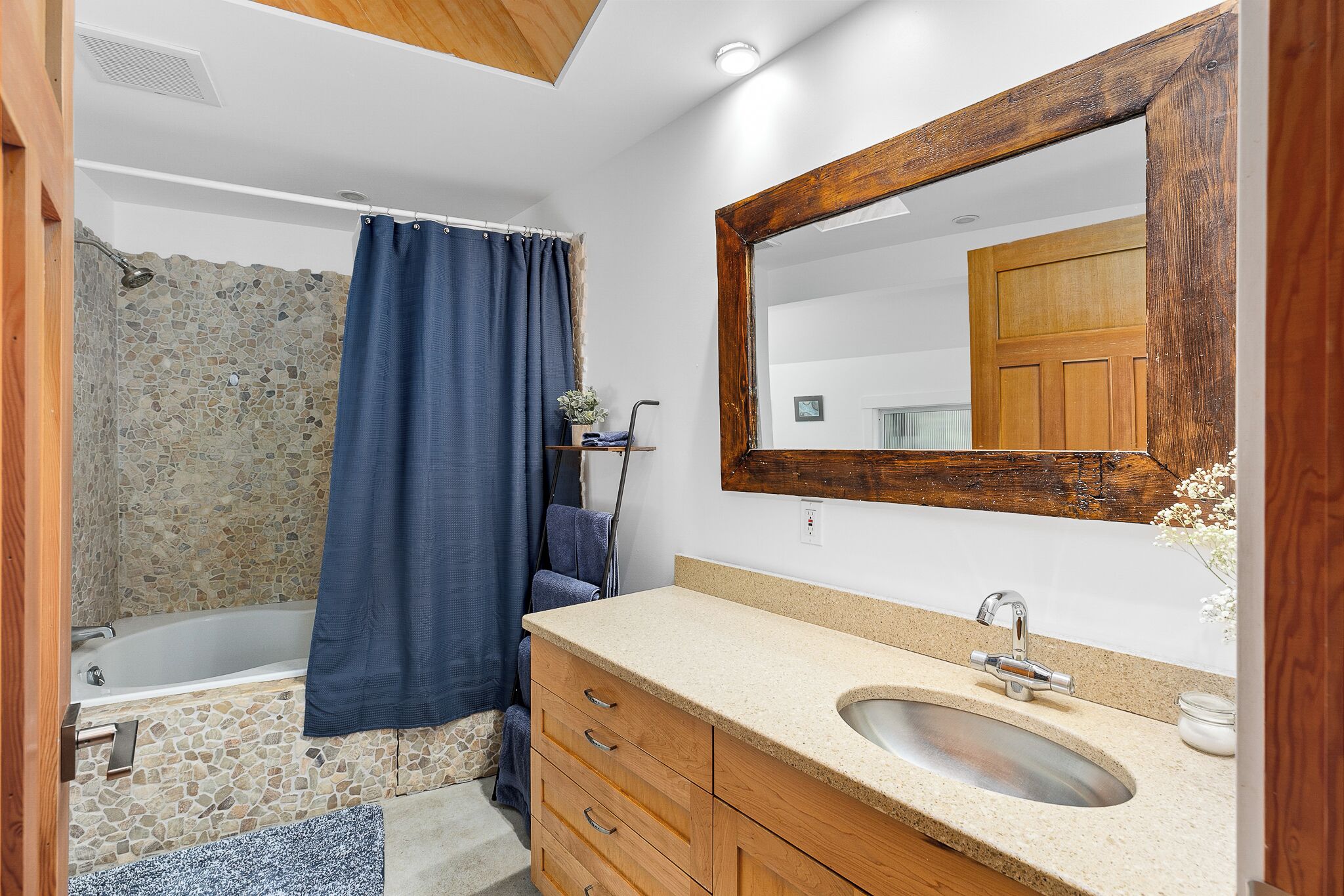 Hair dryer, towels, soap, shampoo