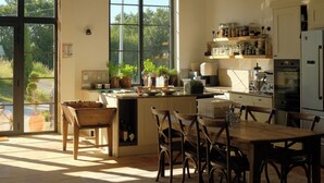 Une cuisine spacieuse avec des poutres en bois, de grandes fenêtres et un coin repas comprenant des chaises et une table.