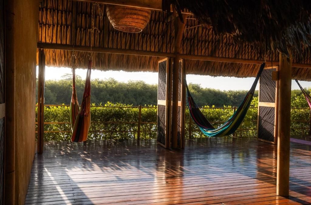 Une terrasse en bois avec un toit de chaume, un hamac et une vue sur la verdure.