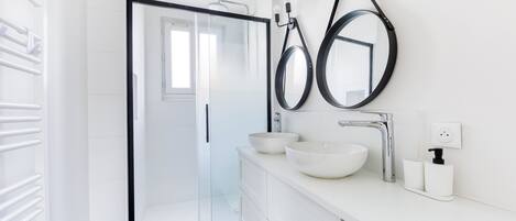 Regadera, secadora de cabello, toallas, papel de baño