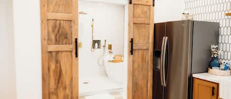 Hair dryer, towels, soap, toilet paper