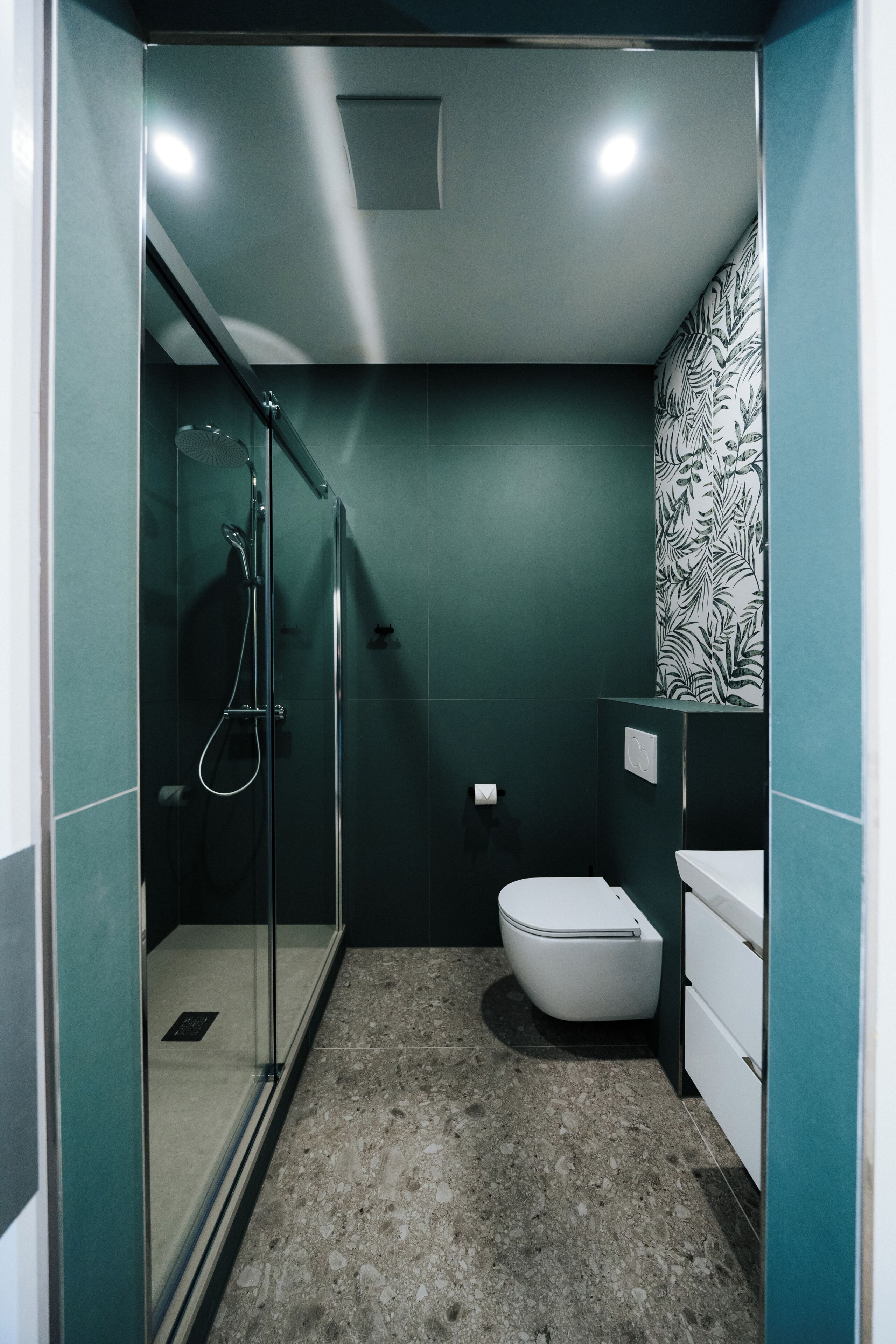 Et badeværelse med en brusekabine i glas, et hvidt toilet og en vask med et spejl.
