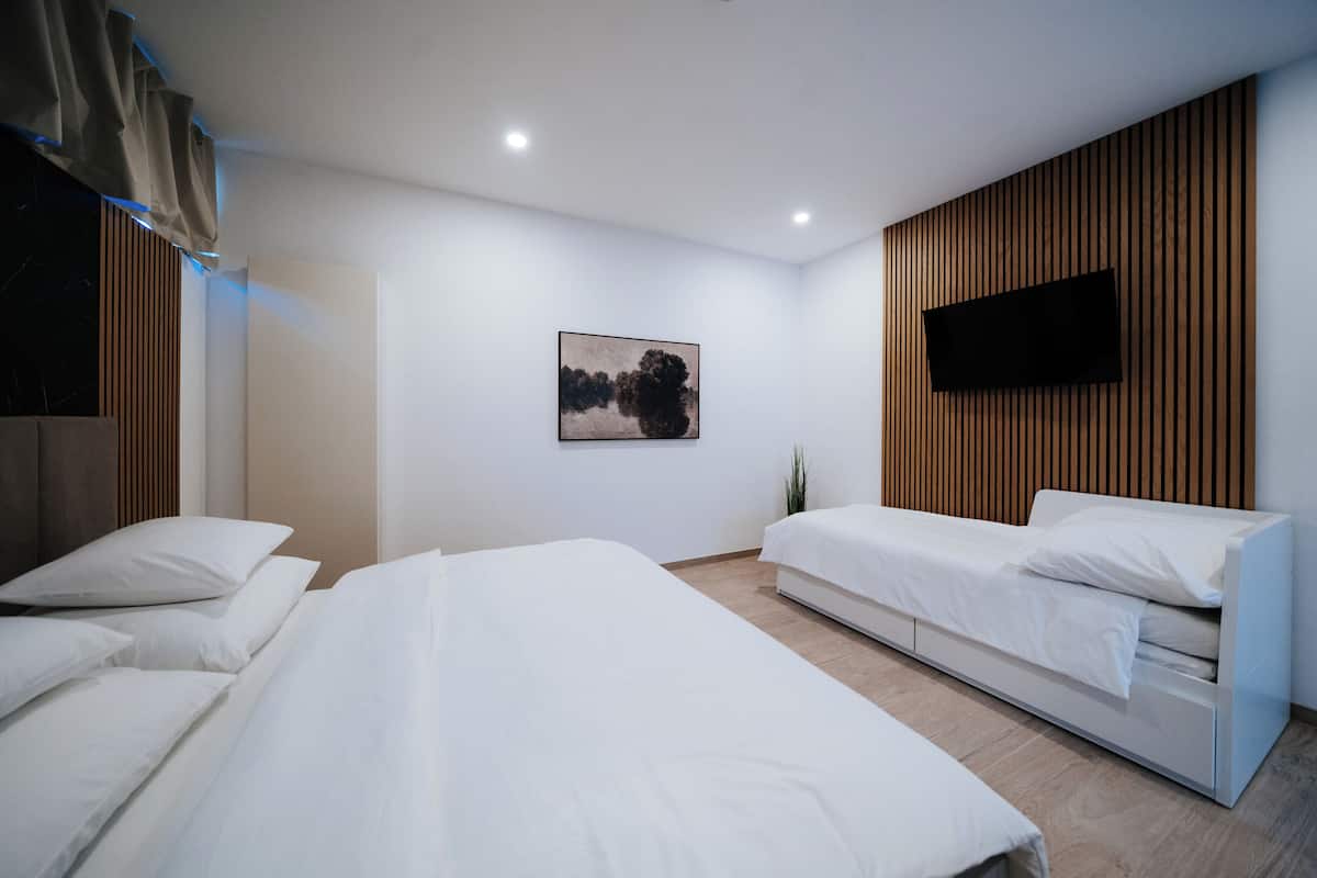 Ein Hotelzimmer mit zwei Betten, einem Flachbildfernseher, einem Gemälde und einer Pflanze.