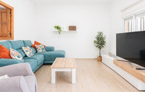 Olohuoneessa on turkoosinsininen sohva, puinen sohvapöytä, televisio ja huonekasvi.