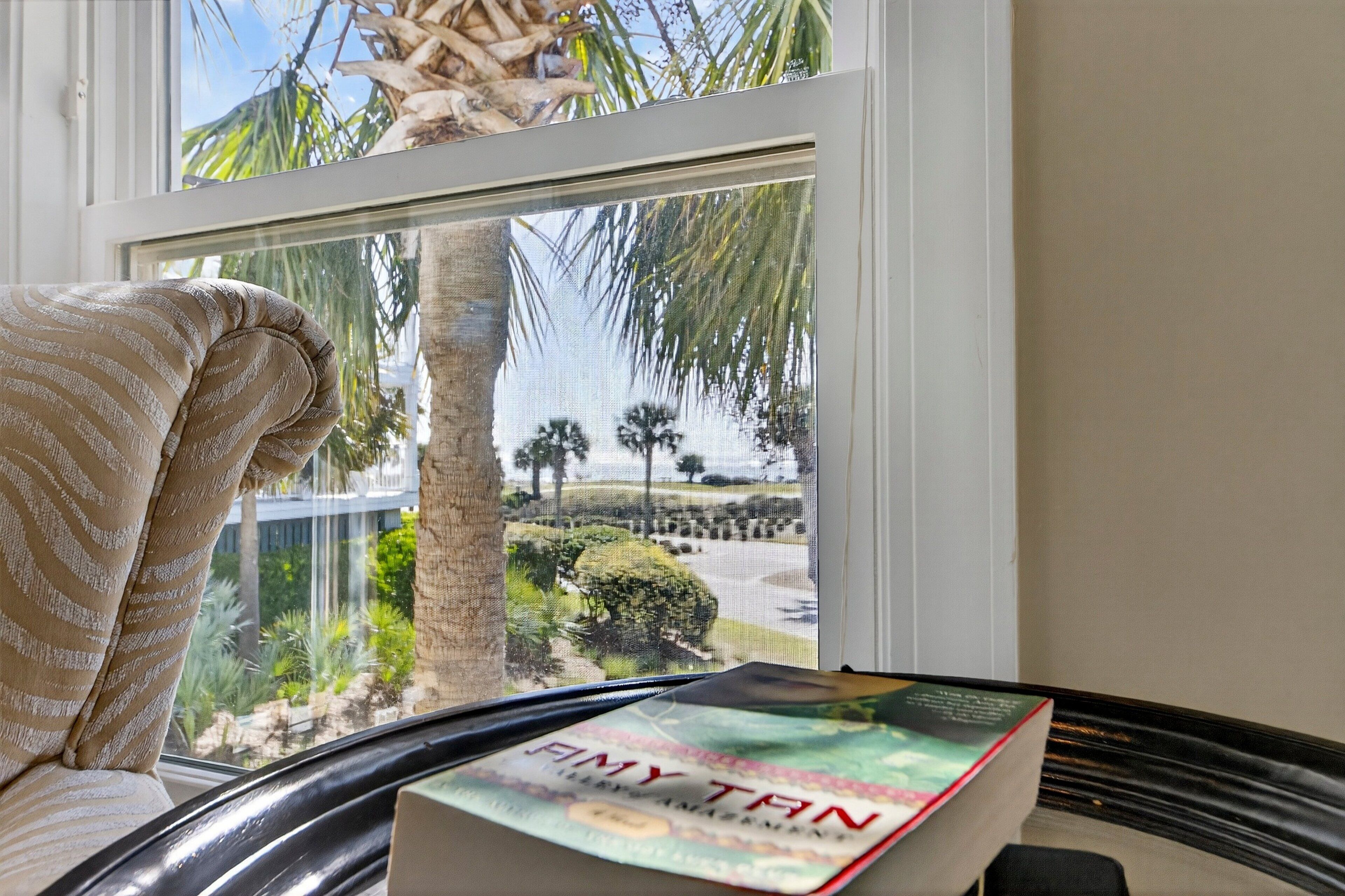 A window with a view of palm trees and a road, a book titled 'EMY TAN' on a table, and a striped cushion on a chair.