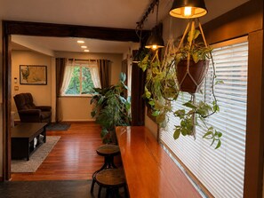 Ein gemütliches Zimmer mit Holzboden, einer Couch, einem kleinen Tisch, hängenden Pflanzen und einem Fenster mit Jalousien.