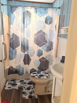 Een badkamer met douchegordijn met een geometrisch patroon, toilet met beklede zitting en een houten vloer.