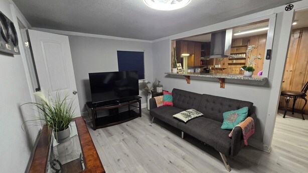 A living room with a flat-screen TV, a sofa with cushions, a coffee table, a mirror, and a kitchen area visible through an open door.